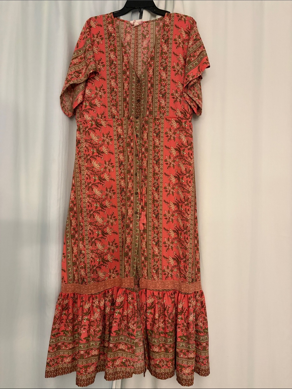 Boemo for Anthropologie Coral Floral Boho Maxi Oversized Dress with Tassel Tie,M